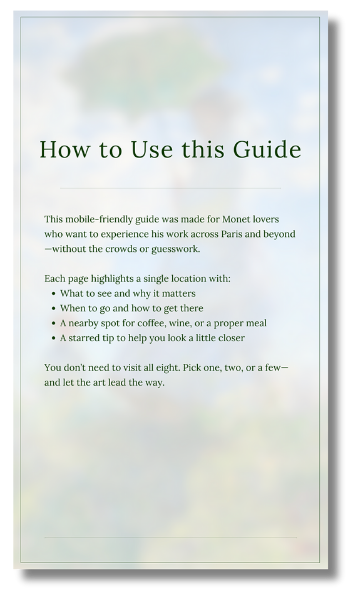 8 Places to see Monet in Paris Mobile-friendly Monet guide PDF preview and Google Map showing Paris museums