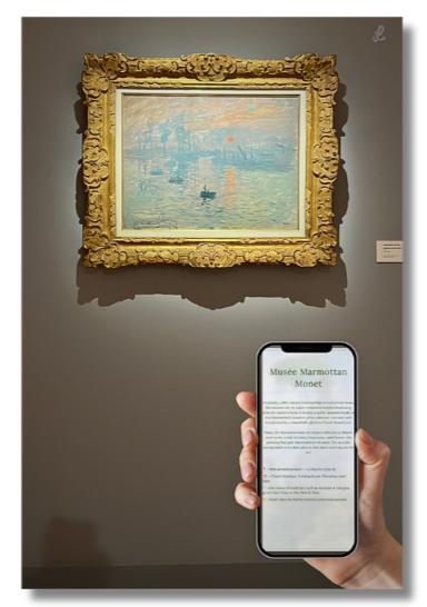 8 Places to see Monet in Paris Phone screen showing Monet guide in front of painting at Marmottan museum